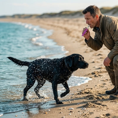 Un Labrador noir se secouant sur une plage avec un homme tenant des sifflets ultrasons pour chiens.
