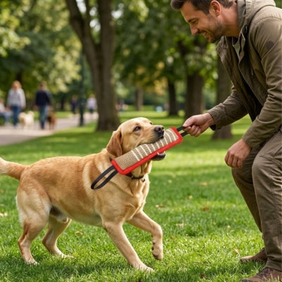Labrador Retriever jouant à la traction avec un jouet pour chien indestructible rouge au parc.