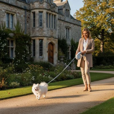 Femme en tenue beige promenant un Spitz poméranien blanc avec une laisse chien devant un château.