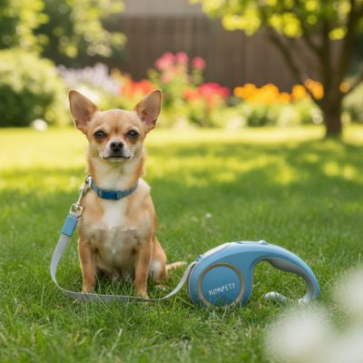 Petit Chihuahua beige assis dans l'herbe d'un jardin avec sa laisse chien enrouleur bleue.