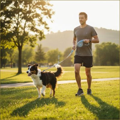 Homme faisant du jogging avec un Berger Australien attaché à une laisse chien rétractable bleue.