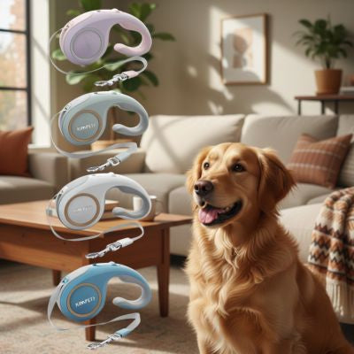 Quatre modèles de laisse chien (rose, gris, blanc, bleu) présentés avec un Golden Retriever.