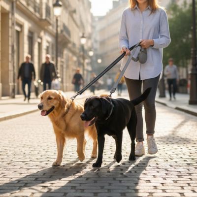 Promenade en ville avec Golden Retriever et Labrador tenus par une laisse chien.