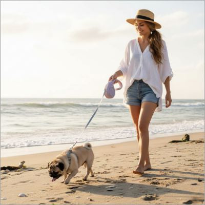 Femme en short marchant sur la plage avec un Carlin attaché à une laisse chien rose.
