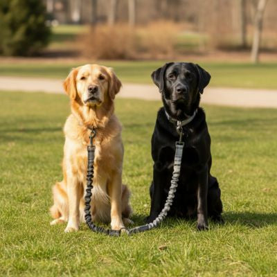 Golden Retriever et Labrador assis au parc avec une laisse chien grise.