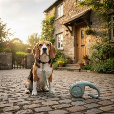 Chien Beagle assis sur une allée pavée devant une maison en pierre avec une laisse chien grise.