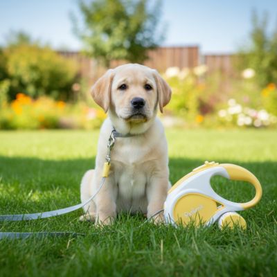 Chiot Labrador beige assis au jardin près d'une laisse chien Petlimit jaune et blanche.