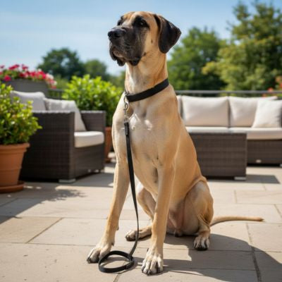 Grand Danois fauve assis sur une terrasse avec un collier et une laisse chien noire.