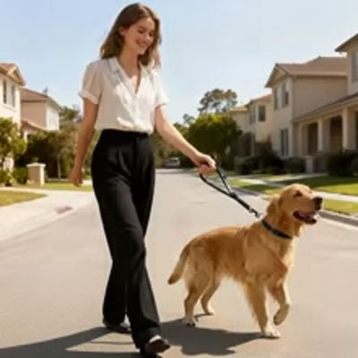 Femme promenant un Golden Retriever en ville avec une laisse chien noire à poignée.