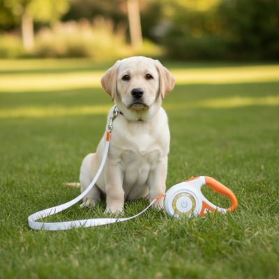 Laisse chien rétractable orange et blanche posée dans l'herbe avec un chiot Labrador.
