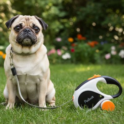Portrait d'un chien Carlin assis sur la pelouse devant une laisse chien noire et orange.