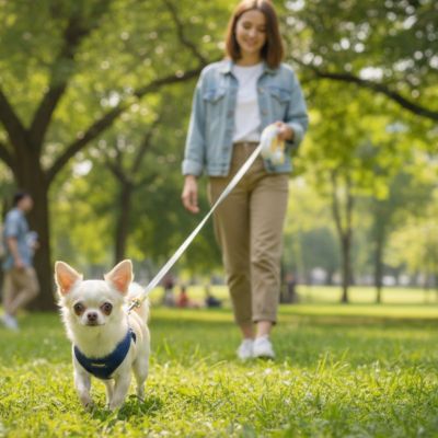 Jeune femme en parc verdoyant promenant un Chihuahua blanc avec une laisse chien jaune.