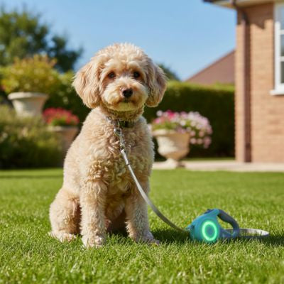 Laisse chien rétractable menthe avec lumière LED verte et petit caniche abricot.