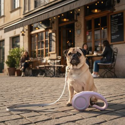 Un Carlin assis sur des pavés devant un café avec une laisse chien rétractable rose.