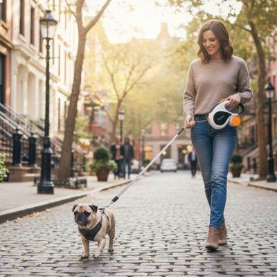 Femme sur rue pavée avec un Carlin portant un harnais et une laisse chien Petlimit noire.