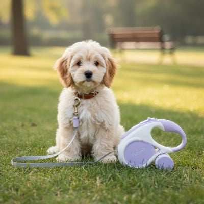 Chiot type Cockapoo assis dans l'herbe à côté d'une laisse chien rétractable violette.