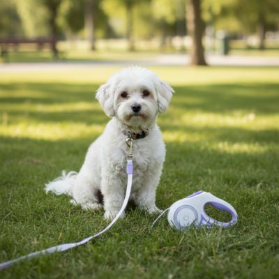 Laisse chien rétractable violette avec ruban blanc et petit Bichon maltais assis.