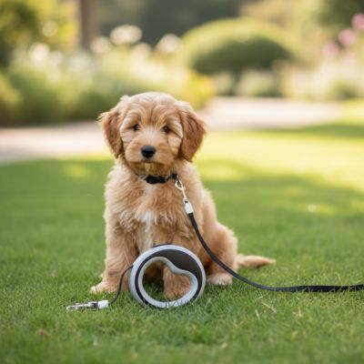 Chiot Goldendoodle assis dans l'herbe avec une laisse de chien grise et noire.