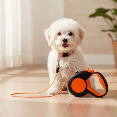 Chiot Bichon blanc sur un parquet avec une laisse de chien rétractable orange et noire.