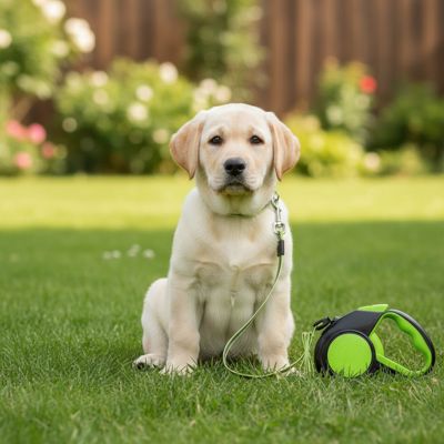 Chiot Labrador beige assis sur l'herbe avec une laisse de chien rétractable verte.
