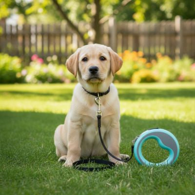Chiot Labrador beige assis dans un jardin avec une laisse de chien turquoise.