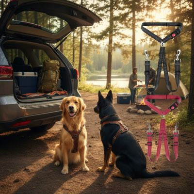 Laisse double pour chien rouge fixée sur appuie-tête avec Bichon et Bouledogue.