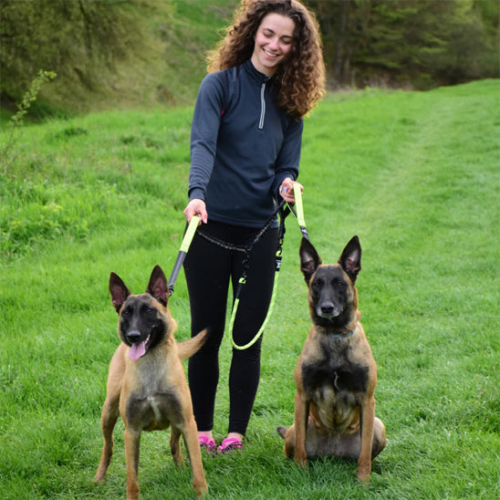 Femme en forêt tenant une laisse double pour chien avec deux Bergers Belges Malinois.