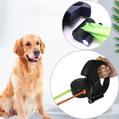 laisse double pour chien noire illustrée avec un Golden Retriever. Système rétractable pratique avec accessoires intégrés pour une promenade sereine.