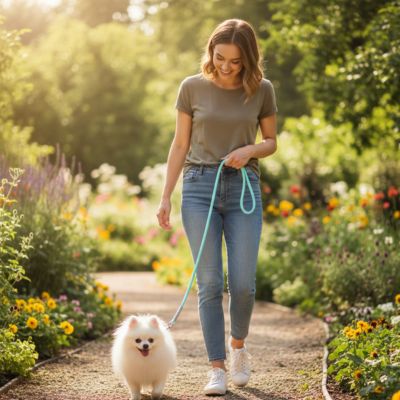 Jeune femme promenant un Spitz Allemand blanc avec une laisse longe pour chien bleu turquoise.