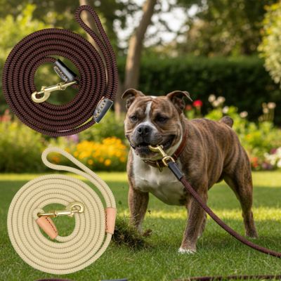 Bouledogue Américain muselé par son jeu avec une laisse longe pour chien marron et beige.