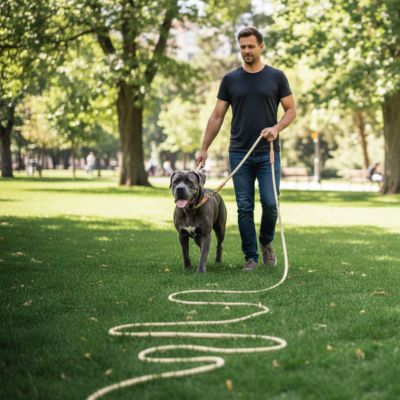 Cane Corso gris en promenade urbaine avec son maître et une laisse longe pour chien beige.
