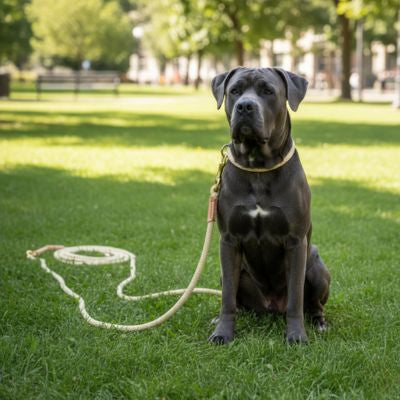 Chien Cane Corso gris assis dans l'herbe avec sa laisse longe pour chien beige.