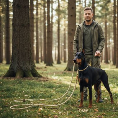 Doberman en forêt au pied de son maître avec une laisse longe pour chien beige posée au sol.