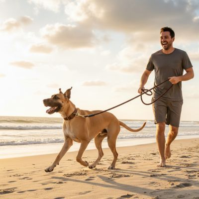 Homme courant sur la plage avec un Grand Danois tenu par une laisse longe pour chien marron.