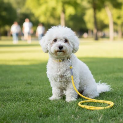 Bichon frisé assis sur l'herbe portant une laisse longe pour chien jaune vif.