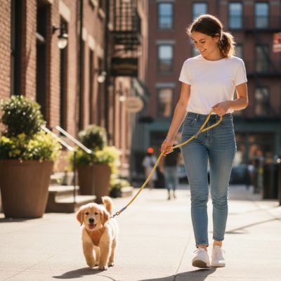 Jeune femme en jeans guidant un chiot Golden Retriever avec sa laisse longe pour chien jaune.