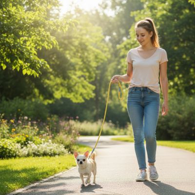 Promenade en parc d'un Chihuahua blanc tenu par une laisse longe pour chien jaune citron.