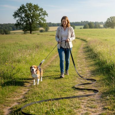 Femme en promenade dans les champs avec un Beagle et une laisse longe pour chien noire.