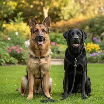 Berger Allemand et Labrador noir assis sur l'herbe avec une laisse longe pour chien noire.
