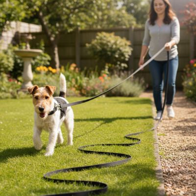 Femme dans un jardin guidant son Fox Terrier avec une laisse longe pour chien noire.