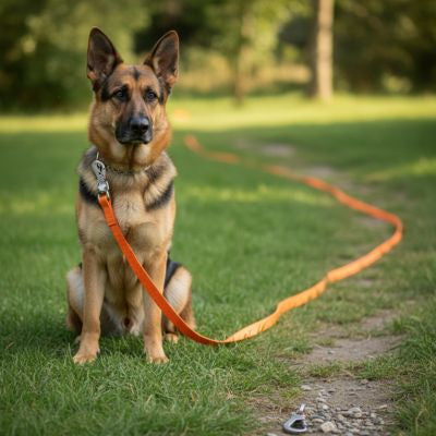 Berger Allemand assis en extérieur avec une laisse longe pour chien orange fluo.