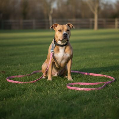 American Staff assis dans un parc avec une laisse longe pour chien rose posée au sol.