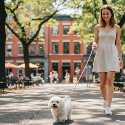 Femme en robe blanche marchant avec un Bichon Maltais et une laisse longe pour chien rose.