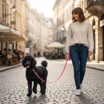 Femme marchant en ville avec un Caniche noir et une laisse longe pour chien rose.