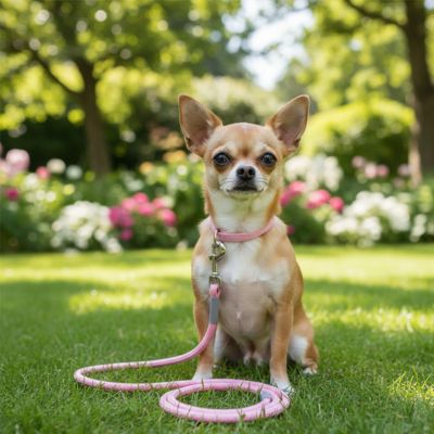Chihuahua assis dans un jardin fleuri avec sa laisse longe pour chien rose pastel.