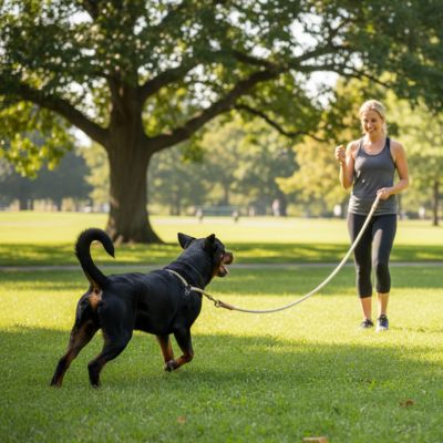 Femme éduquant un Rottweiler dans un parc avec une laisse longe pour chien de couleur beige.