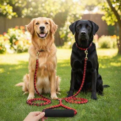 Golden Retriever et Labrador noir au jardin avec une laisse longe pour chien double rouge.