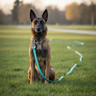 Chien Malinois assis sur l'herbe avec une laisse longe pour chien turquoise.