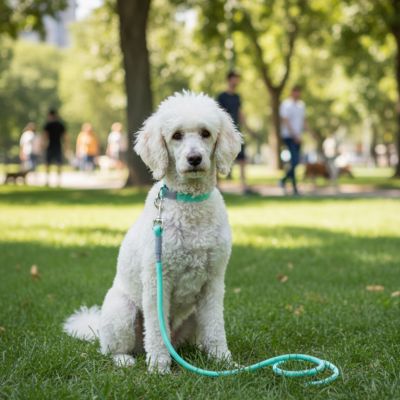 Caniche blanc assis dans un parc avec une laisse longe pour chien vert turquoise.