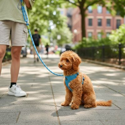 Laisse main libre pour chien bleue fixée au harnais d'un jeune Caniche toy sur un trottoir.